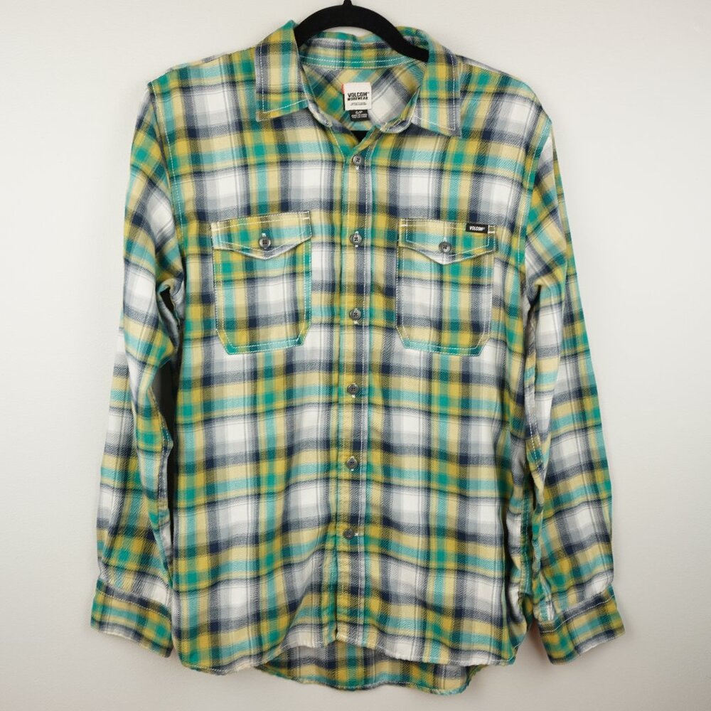 Volcom Workwear Men's Shirt Green Yellow Black Gray Plaid Size Small